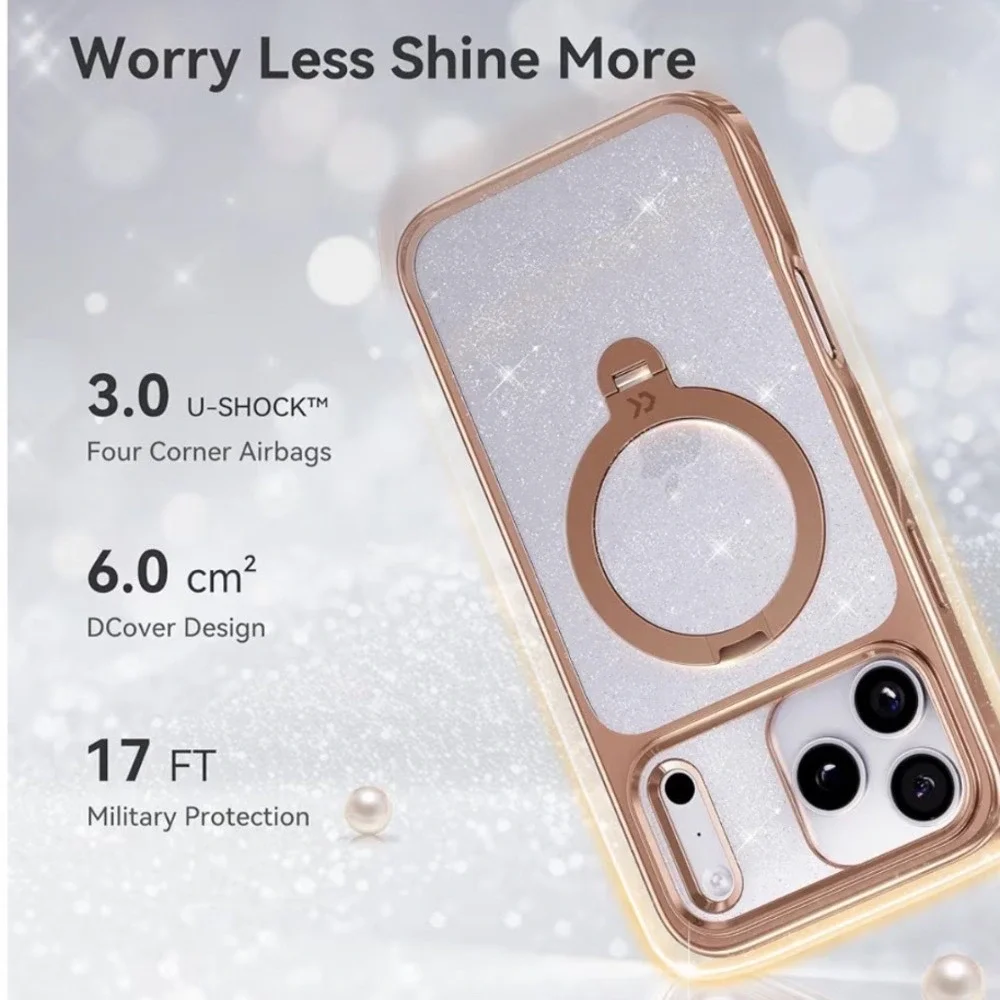 NWT CASEKOO iPhone 17 Pro Case Rose Gold Sparkle MagSafe 360 Stand